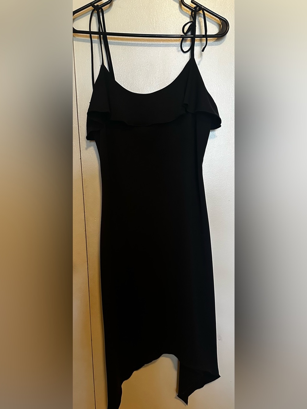 Black Le Chateau Asymmetric Ruffle Slip Dress with Tie Straps
